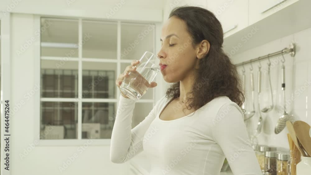 Portrait of happy latin woman drinking a glass of water in kitchen at home. People lifestyle. Freshness. Portrait of happy latin woman drinking a glass of water in kitchen at home. People lifestyle. Freshness.