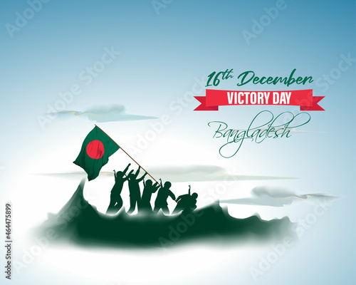 Vector illustration for Bangladesh victory day, national day, soldiers, flag hoisting, pigeon, mountain on abstract background with patriotic color theme.