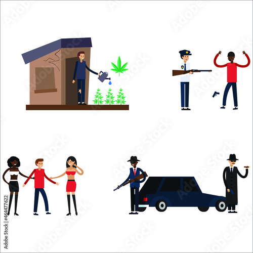 Colored and isolated ghetto slum flat icon set with people living in in bad conditions vector illustration