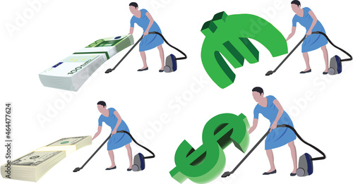 cleaning lady cleans under various currencies