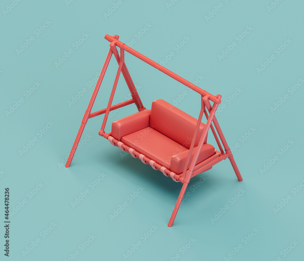 A swing with legs and seats. Isometric red color playground object for physical and mental development of children. Monochrome single color, 3d rendering A swing with legs and seats. Isometric red color playground object for physical and mental development of children. Monochrome single color, 3d rendering