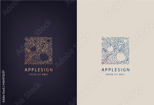 Vector line logo design template leaves and apples. Nature badge for holistic medicine centers, natural and organic food products.