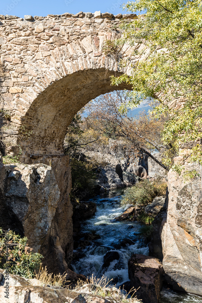 Matafrailes medival bridge over the Lozoya river in the Sierra de Guadarrama, Madrid