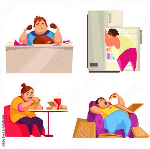 gluttony icons set with obsessive eating symbols flat isolated