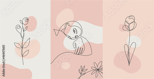 Vector minimalist style portrait. Line flower, woman portrait. Hand drawn abstract feminine print. Use for social net stories, beauty logos, poster illustration, card, t-shirt print.