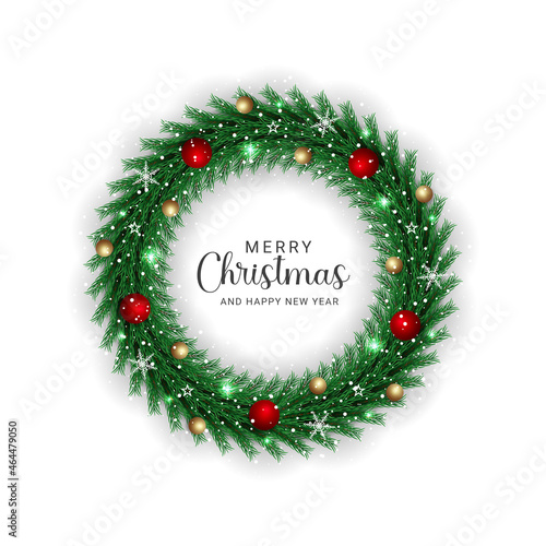 Christmas wreath green leaf with red and golden balls snowflakes Christmas lights