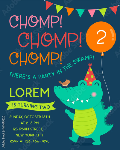 Cute alligator with little bird cartoon illustration for kids party invitation card.