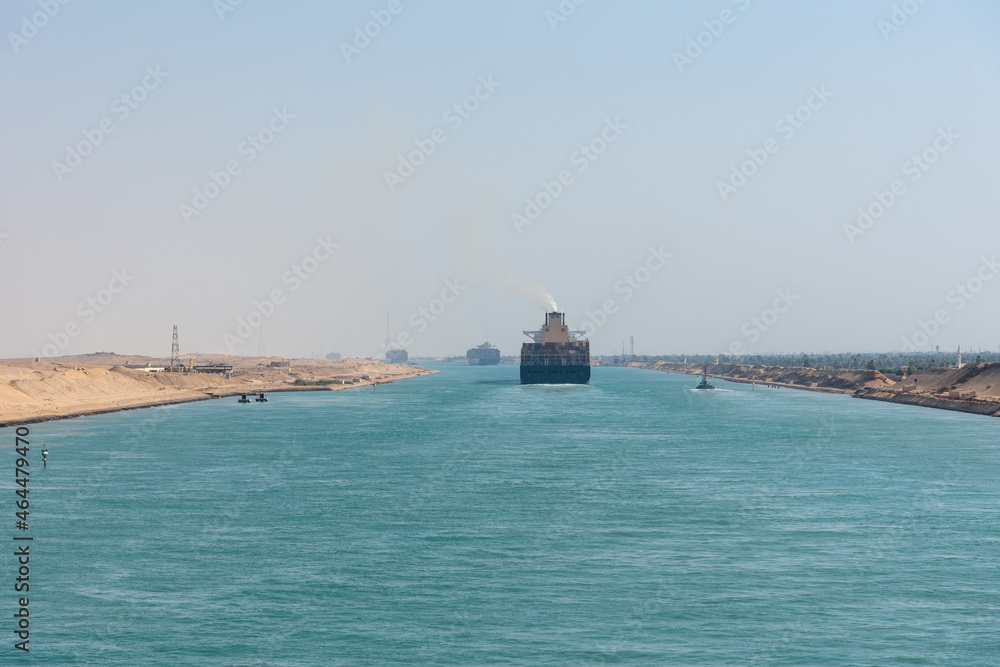 Landscapes of Suez Canal, Egypt. View from transiting cargo ship.