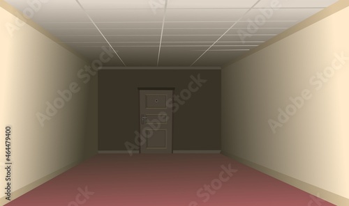 Hallway house. Empty hallway in the building. One door at the dark end of the room. Light interior. Illustration cartoon style flat design. Vector