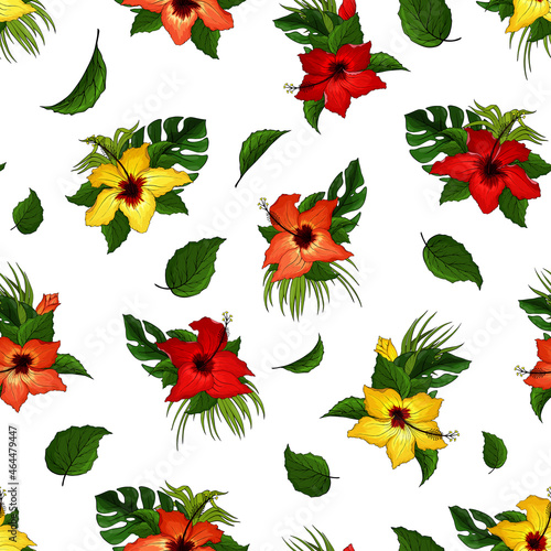 Hibiscus flowers, monstra, palm leaves seamless pattern. Red, yellow, orange, green and white floral tropical endless texture. Exotic bright boundless background. Summer paradise plants surface design