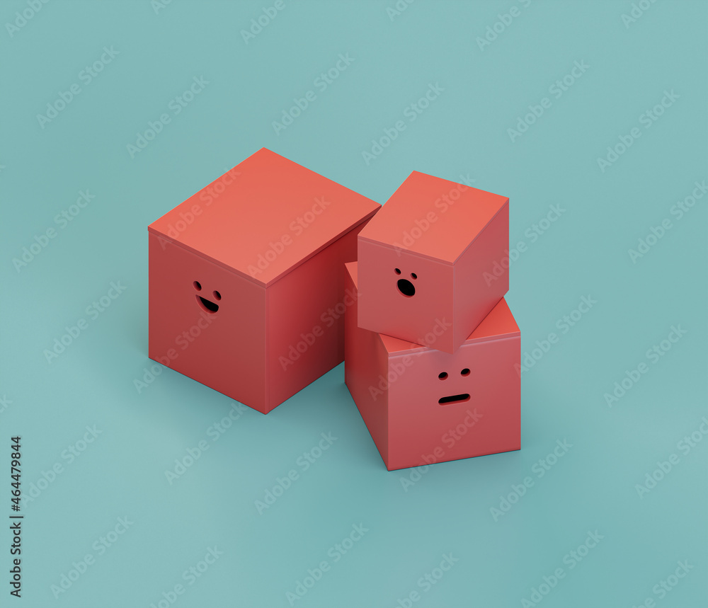 Fototapeta premium Sitting boxes with faces. Isometric red color playground object for physical and mental development of children. Monochrome single color, 3d rendering