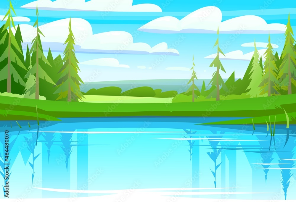 Rural landscape. Flat style. Water pond or river bank. Horizontal village wild nature illustration. Cute country hills. Vector