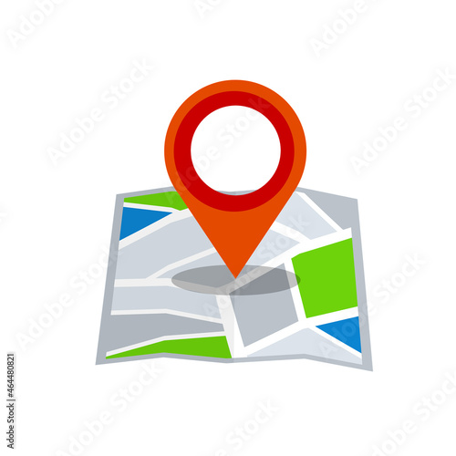 Pin on the city and street map. Navigation icon and route search. Tourism and travel. Flat Paper map