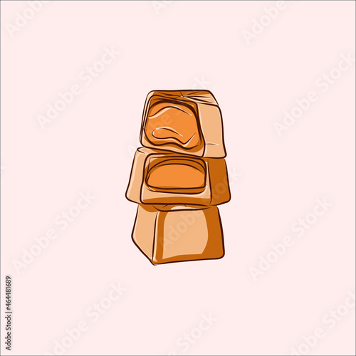 White chocolate with caramel liquid filling vector illustration. Three square items on the light pink background. Delicious luxury dessert. Belgian high quality romantic praline.