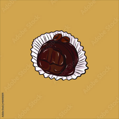 Dark chocolate round coffee truffle vector illustration on the beige background. Dark belgian truffle coffee beans chocolate isolated. Sweet luxury treat. Delicious truffle covered with chocolate.