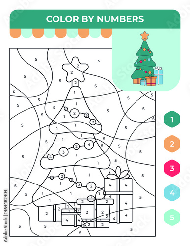 Number coloring game for children, Christmas children game, Christmas tree with presents
