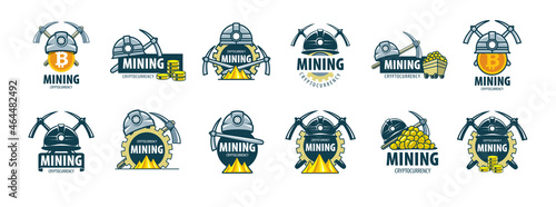 Digital currency mining. Helmet and pick. Vector illustration