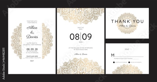 Gold vintage greeting card on a white background. Luxury ornament template. Mandala. Great for invitation, flyer, menu, brochure, postcard, background, wallpaper, decoration, or any desired idea