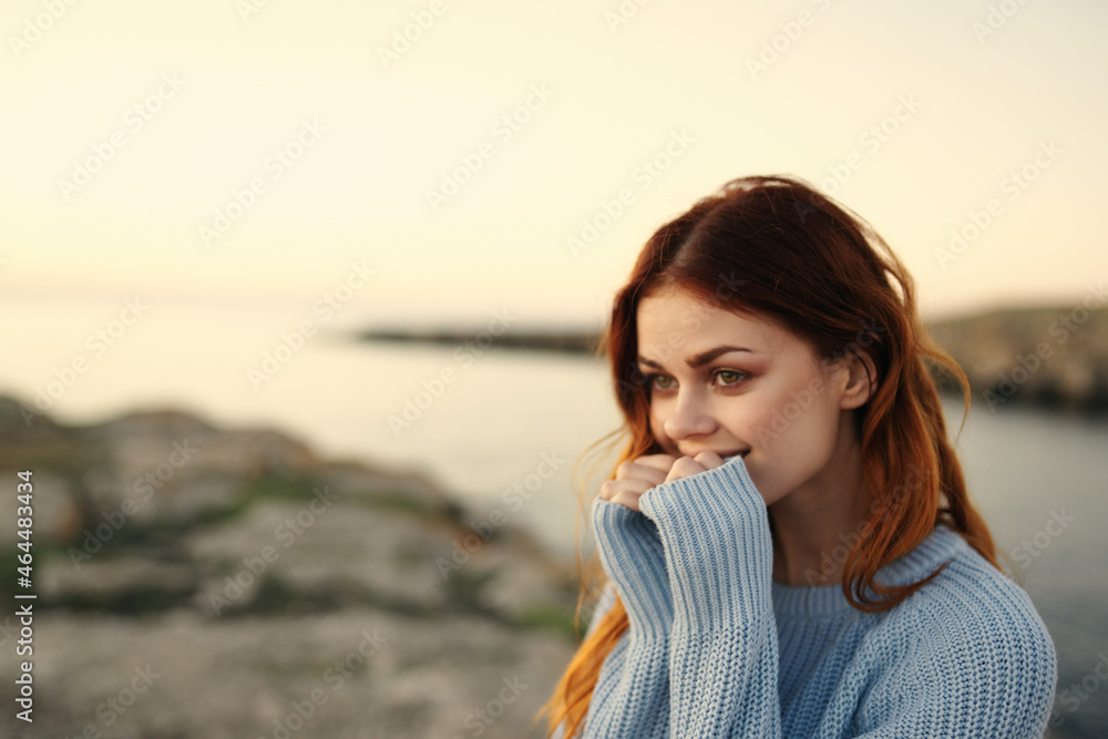 Cheerful woman outdoors landscape mountains freedom