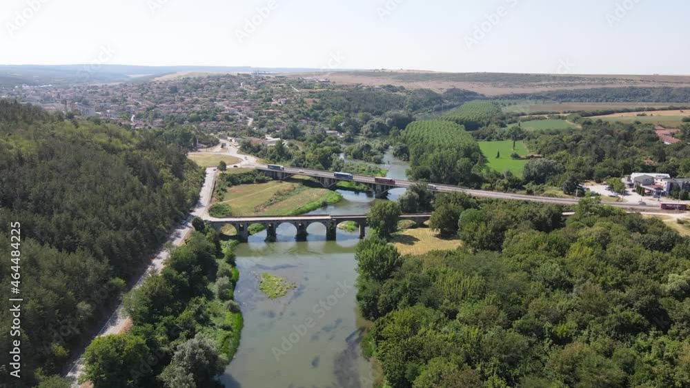Aerial view of Nineteenth-century bridge over the Yantra River, known as the Kolyu Ficheto Bridge in Byala, Ruse region, Bulgaria Aerial view of Nineteenth-century bridge over the Yantra River, known as the Kolyu Ficheto Bridge in Byala, Ruse region, Bulgaria