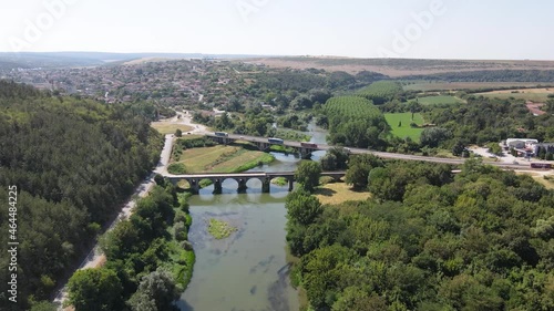 Aerial view of Nineteenth-century bridge over the Yantra River, known as the Kolyu Ficheto Bridge in Byala, Ruse region, Bulgaria photo