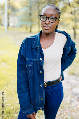Fototapeta Naklejka Na Ścianę i Meble -  Young beautiful african woman walking in the autumn park