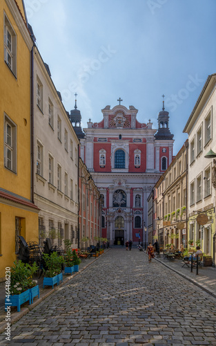 view of the historic Saint Stanislaus Parish Church in the Old Town city center of Poznan