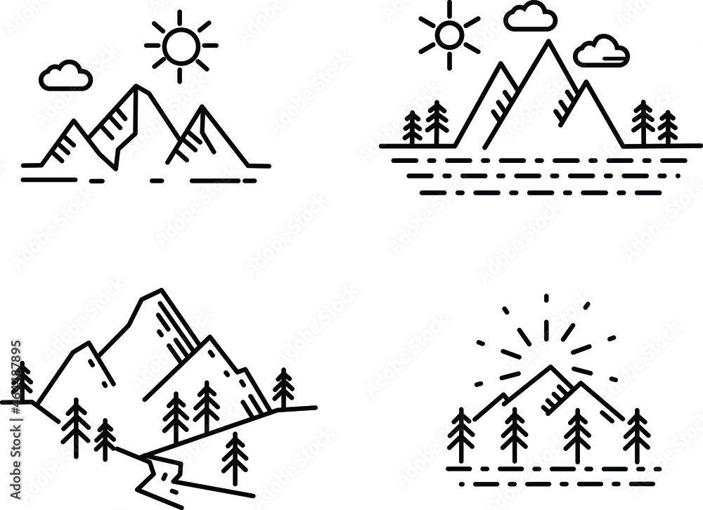 Nature landscape with tree, plants, river , mountains, outline icons 