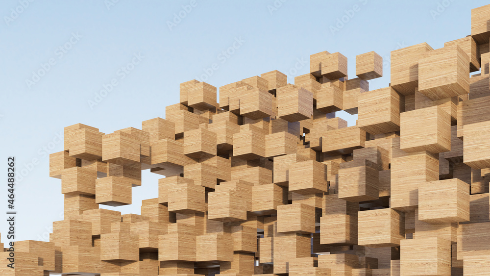 abstract background made of wooden cubes on the blue sky, 3d render