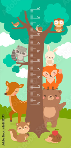 Kid height scale from 50 to 160 centimeter with cute woodland animals cartoon and big tree illustration.