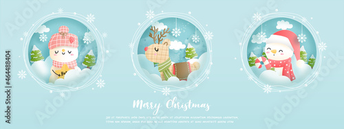 Merry Christmas, Christmas card, banner with vintage snowman. 