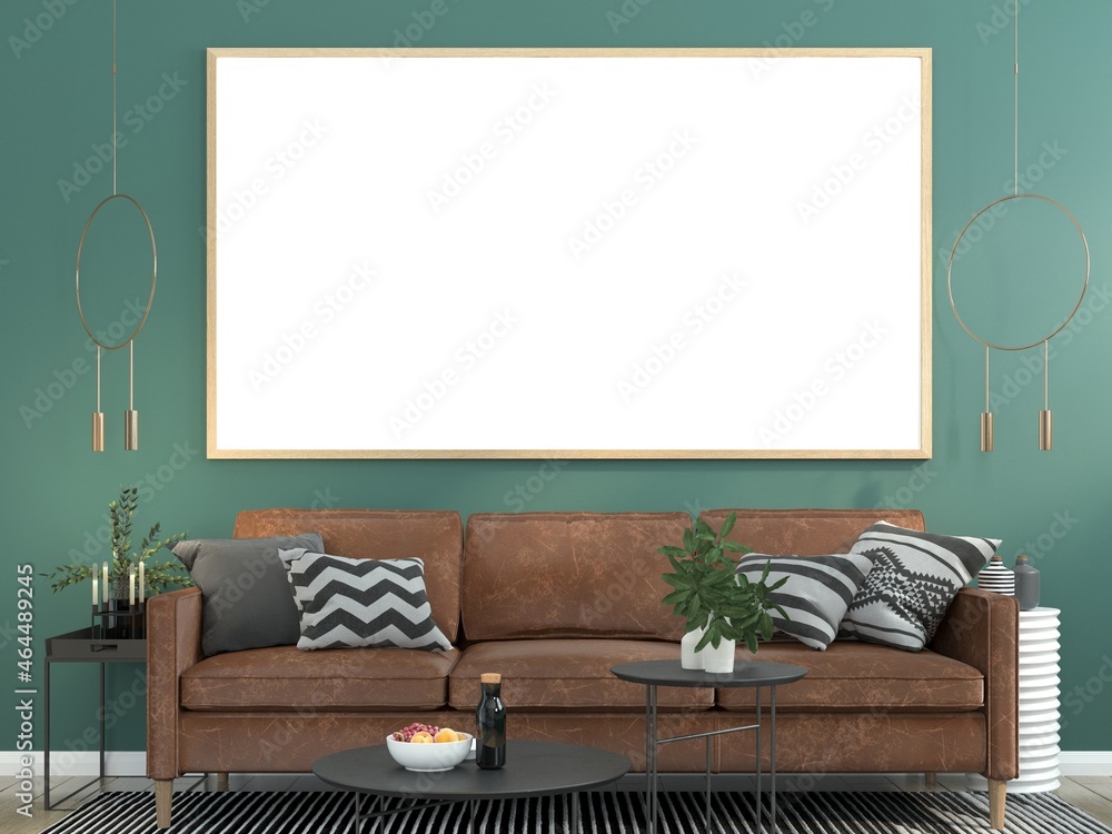 3D Mockup photo frame in Modern interior of living room 3D Mockup photo frame in Modern interior of living room
