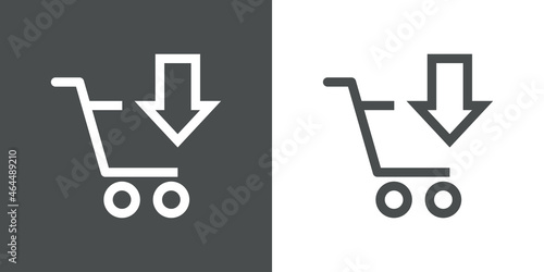 Add to cart. Logotipo con silueta de carrito de la compra con flecha con lineas en fondo gris y fondo banco