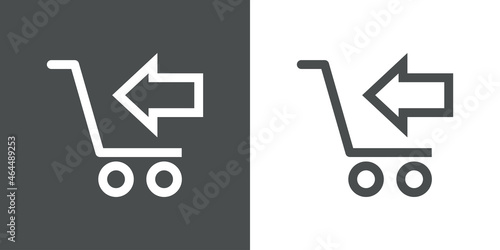Add to cart. Logotipo con silueta de carrito de la compra con flecha con lineas en fondo gris y fondo banco