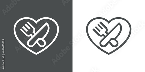 I love food. Cubiertos en corazón. Logotipo con silueta de tenedor y cuchillo cruzados en corazón con lineas en fondo gris y fondo blanco