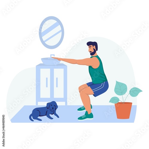 A young man does squat exercises. Sports at home, healthy lifestyle. Flat cartoon vector illustration.