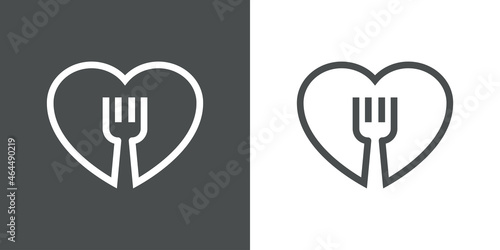I love food. Cubiertos en corazón. Logotipo con silueta de tenedor en corazón con lineas en fondo gris y fondo blanco