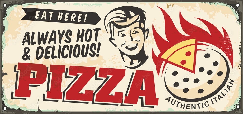 Pizzeria sign with happy smiling boy graphic and Italian pizza on fire. Hot pepperoni pizza retro advertisement. Food and restaurants vector illustration. Pizzeria sign with happy smiling boy graphic and Italian pizza on fire. Hot pepperoni pizza retro advertisement. Food and restaurants vector illustration.