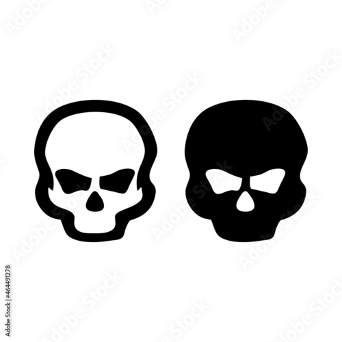 Icono plano conjunto de calaveras humanas con relleno y lineas para su uso en Halloween y en señales y símbolos en color negro