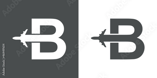 Logotipo con silueta de avión con trayectoria con forma de letra inicial B en fondo gris y fondo blanco