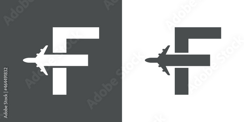 Logotipo con silueta de avión con trayectoria con forma de letra inicial F en fondo gris y fondo blanco