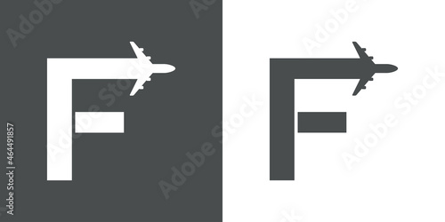 Logotipo con silueta de avión con trayectoria con forma de letra inicial F en fondo gris y fondo blanco