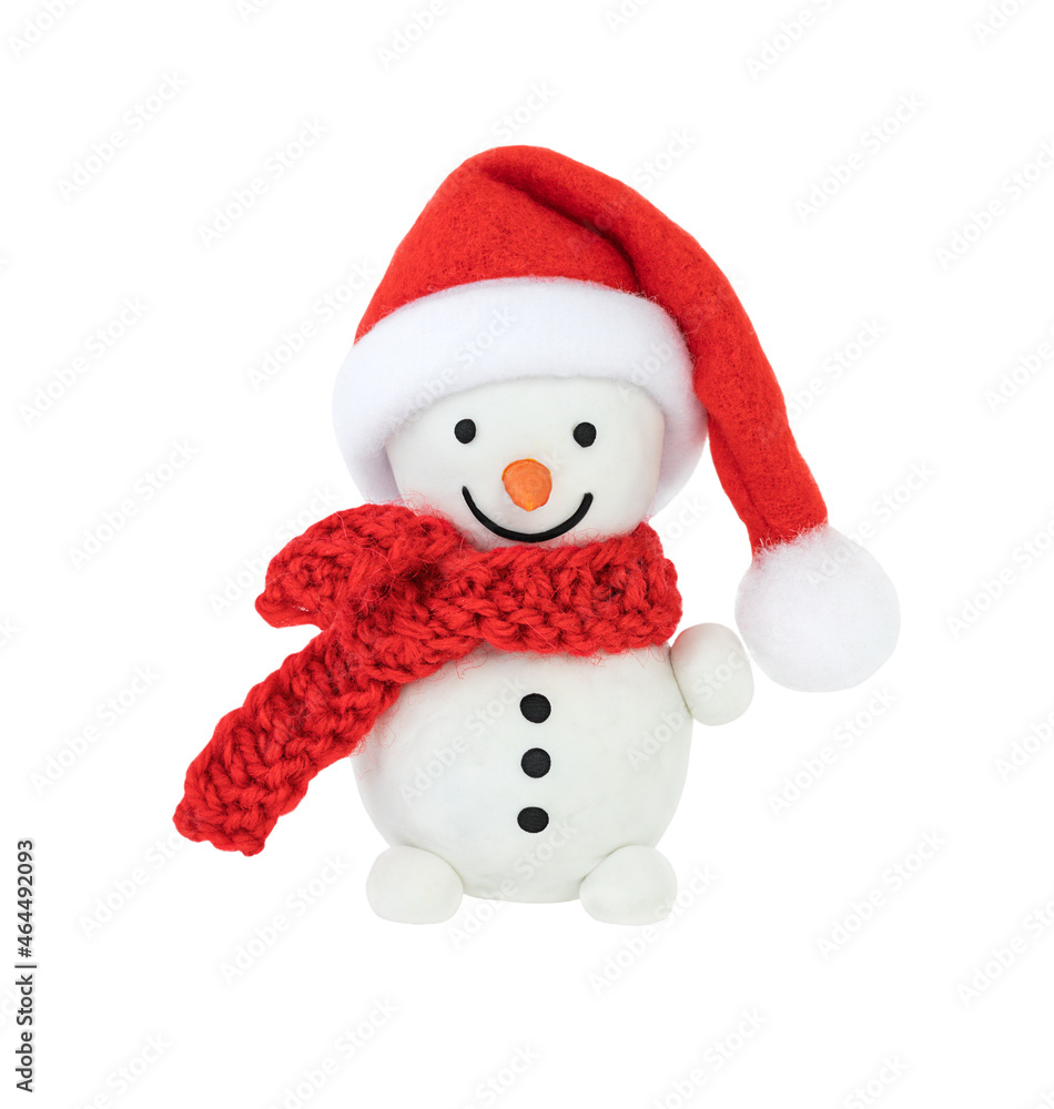 Snowman in red hat and scarf isolated on white background