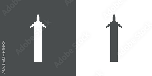 Logotipo con silueta de avión con trayectoria con forma de letra inicial I en fondo gris y fondo blanco