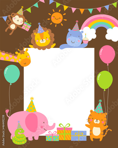 Cute safari cartoon animals with copy space for kids party invitation card template.