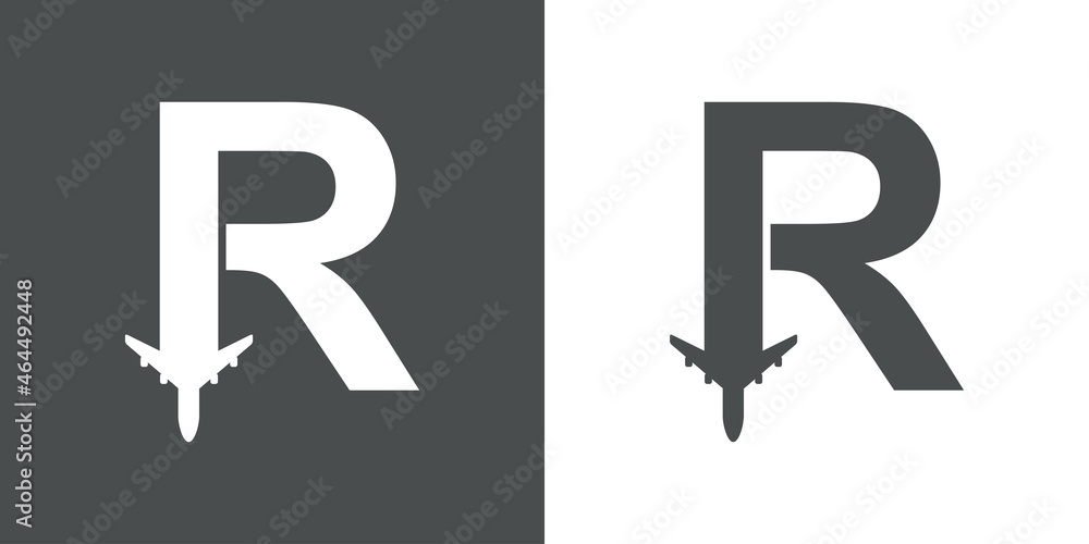 Logotipo con silueta de avión con trayectoria con forma de letra inicial R en fondo gris y fondo blanco Logotipo con silueta de avión con trayectoria con forma de letra inicial R en fondo gris y fondo blanco