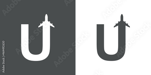 Logotipo con silueta de avión con trayectoria con forma de letra inicial U en fondo gris y fondo blanco