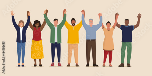 Happy people standing together and holding hands