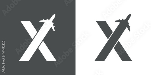 Logotipo con silueta de avión con trayectoria con forma de letra inicial X en fondo gris y fondo blanco