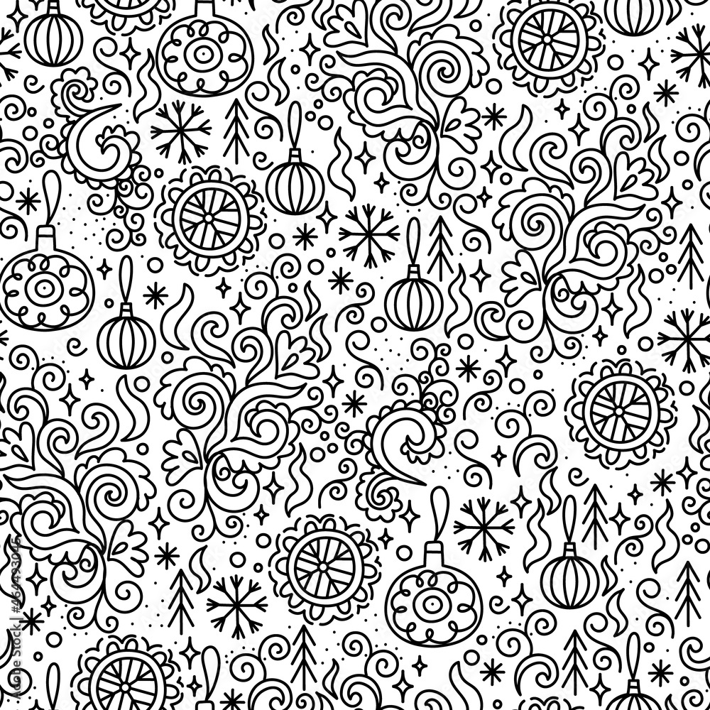 Cartoon vector doodles hand drawn New Year and Christmas seamless pattern. Great for fabric, textile, wrapping paper. Vector Illustration